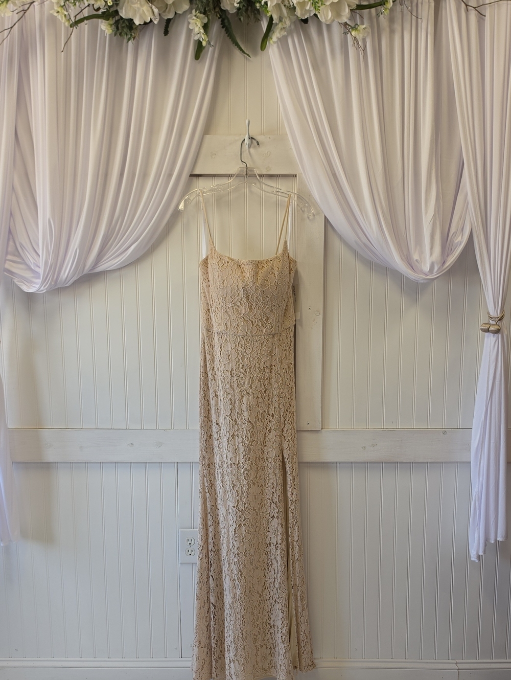 Hailey Paige NWT Cashmere Beige Lace Western Cowgirl Maxi Gown Dress Size 12